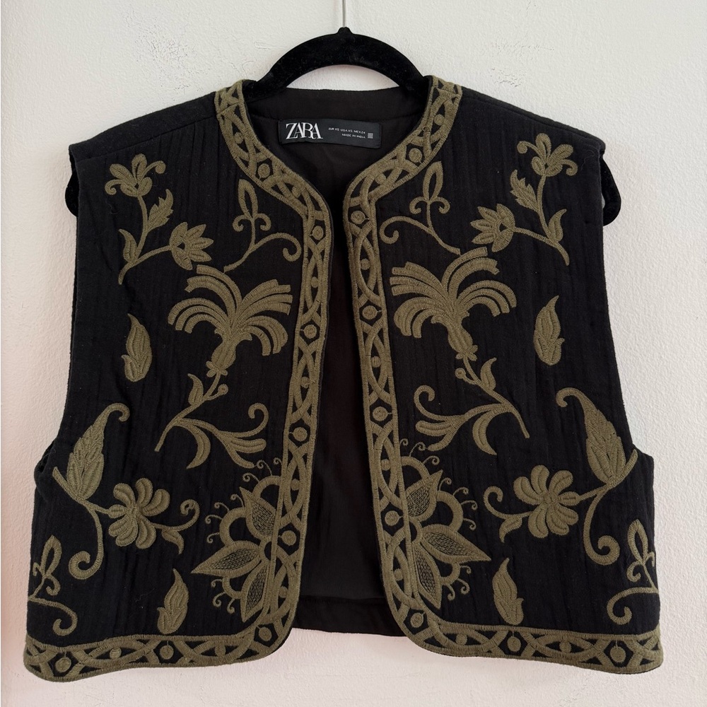 Zara Black Vest with Olive Green Detailing